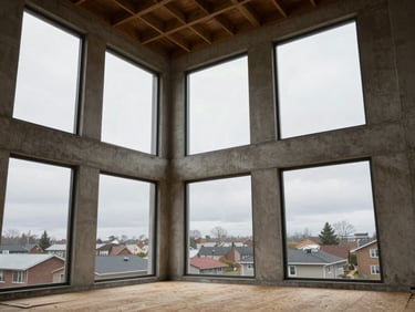 North-facing interior of an unfinished concrete shell, tall windows framing overcast sky, raw ceiling joists and plywood subfloor, neighborhood roofline visible through glass