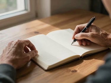 Close-up of two sets of older hands resting on a wooden table near an open notepad, natural window light from the left casting quiet shadows, a pen resting beside the notepad, calm and unhurried atmosphere, no faces visible, warm wood grain texture in background