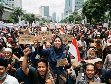 Dokumentasi aksi damai masyarakat Indonesia di ruang publik, pencahayaan alami siang hari, jurnalisme foto 35mm yang otentik dan penuh solidaritas