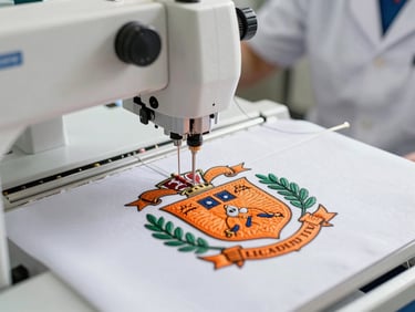 Close-up of a precision embroidery machine stitching a detailed department crest with vibrant orange thread, sharp focus