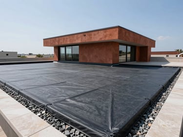 Modern flat roof terrace on a contemporary villa with high-quality waterproofing membrane, gravel borders, clean architectural lines under a clear sky, high contrast
