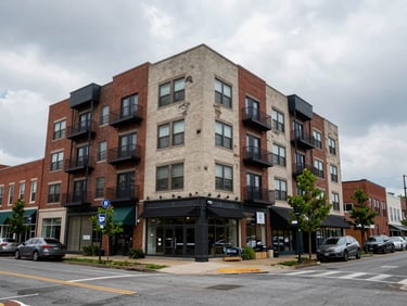 Street-level wide shot of a renovated mid-rise residential building in Nashville, Tennessee, overcast natural light, mixed-use retail at ground floor, urban neighborhood context