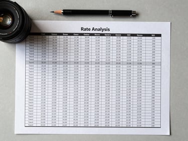 Close overhead flat-lay of a printed cap rate analysis spreadsheet on a light gray desk surface, natural studio light from the left, columns of rent roll figures and NOI calculations clearly visible, a mechanical pencil resting at the top edge