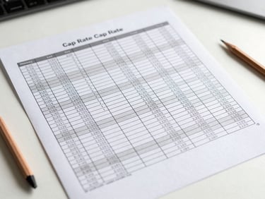 Close-up overhead flat of a printed cap rate spreadsheet and cash flow model on a clean white desk, natural studio light, pencil annotations visible in margins