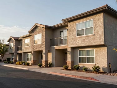 Wide exterior facade of a four-story garden-style apartment complex in Phoenix, Arizona, late morning natural light, desert landscaping visible, neighborhood street in background