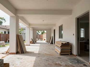Wide interior shot of a multi-family courtyard amenity space mid-renovation, natural daylight through open corridor, construction materials stacked neatly to one side