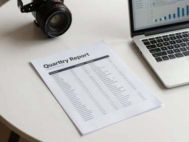 Overhead flat lay of a quarterly investor report printed on white paper beside a laptop showing occupancy data charts, studio lighting, clean desk surface