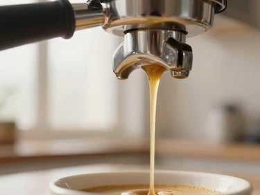 Macro close-up of espresso extraction from a bottomless portafilter, rich golden crema flowing in a single stream, warm morning light.