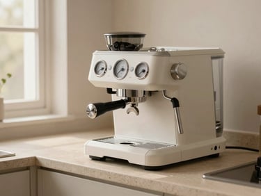 Sleek dual-boiler espresso machine on a light stone kitchen counter, soft side lighting highlighting the steam wand and pressure gauges.