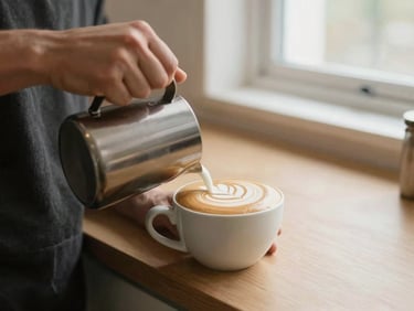Barista pouring silky microfoam into a ceramic cup, creating a clean tulip latte art pattern, warm editorial style.