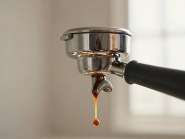 Macro photograph of a polished metal espresso portafilter with rich espresso extraction dripping, warm side-lighting, light neutral background