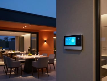 Wide-angle interior shot of a modern luxury dining area, showcasing a minimalist smart thermostat on a wall, comfortable ambient temperature, warm lighting.