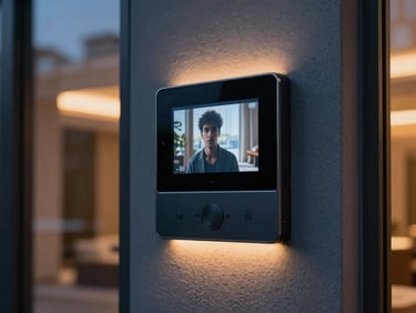 Close-up of a sleek, modern video intercom panel on a high-end exterior wall, showing a crisp image of a visitor, subtle architectural lighting.