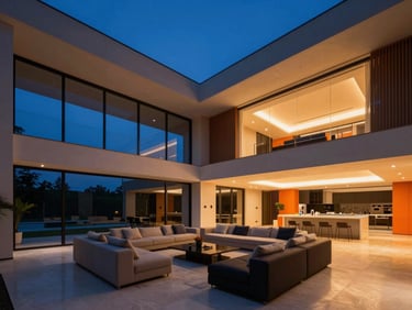 Wide-angle interior shot of a modern luxury living room at dusk, showcasing architectural recessed lighting subtly illuminating the space, warm glow, deep blue hour outside.