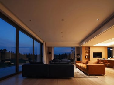 Wide-angle interior shot of a modern luxury living room with invisible ceiling speakers subtly integrated, music playing, warm ambient lighting, twilight outside.