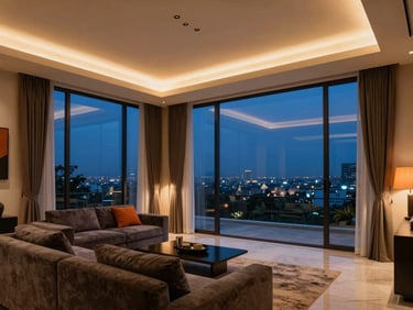 Interior de sala de estar de lujo moderna, iluminación arquitectónica cálida, cortinas motorizadas abiertas, altavoces invisibles en el techo, vista nocturna de Monterrey.