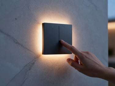 Close-up of a sleek, minimalist smart light switch panel on a high-end marble wall, subtly backlit, with a hand gently touching it, twilight lighting.
