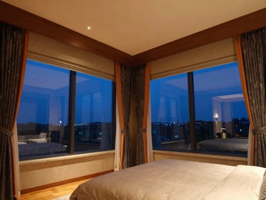 Wide-angle interior shot of a modern luxury bedroom with large windows, motorized curtains elegantly closing, warm interior light, deep blue hour outside.