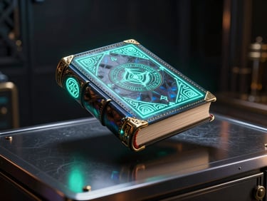 A holographic leather-bound grimoire floating above a sleek metallic console, neon cyan runes glowing, cinematic 3d render
