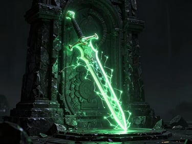A glowing cybernetic sword embedded in a dark stone altar, electric toxic green sparks flying, dark fantasy digital art