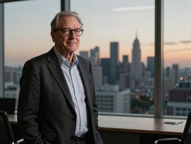 Cinematic portrait of a senior advisor in a high-contrast modern office overlooking a global city at dusk, natural side-lighting, rich desaturated tones, 35mm lens.