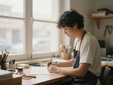 A small business owner working in a bright workshop, unposed, natural light