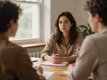 A collaborative 1:1 strategy meeting between two people, warm tones, natural light