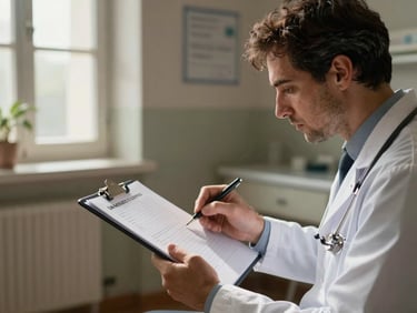 Un medico europeo e un paziente in un luminoso studio medico stile italiano, luce naturale dalla finestra, focus sulle mani che indicano una cartella clinica cartacea, atmosfera serena e di reciproca fiducia.