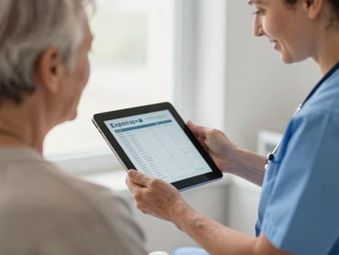 Close-up of a European doctor in a light blue scrub showing a digital tablet with clinical data to an elderly patient, natural soft window light, warm and trusting atmosphere, Italian private clinic setting