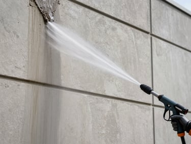 Eye-level shot of a building facade being cleaned with a high-pressure lance, water running down concrete render, natural daylight, dirt lines contrasting with clean sections