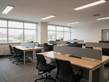 Wide-angle documentary view of a clean open-plan office interior, desks wiped down, natural daylight through windows, no people, overcast light emphasising surface clarity