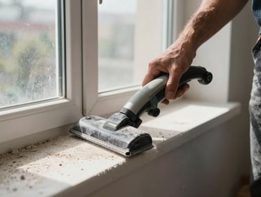 Close-up of a worker's hands vacuuming construction dust from a window sill in a newly finished room, fine debris visible in natural light