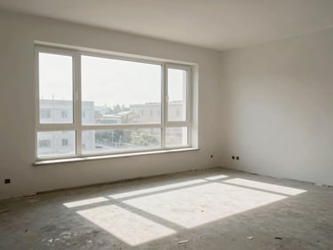 Wide documentary shot of a freshly cleaned empty apartment interior after construction, dust-free windowsill, clean floors, natural daylight streaming in, no people
