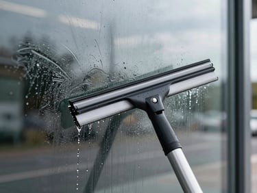 Close-up of a squeegee blade pulling water across a large commercial window pane, natural overcast daylight, smear-free glass surface, exterior street barely visible behind