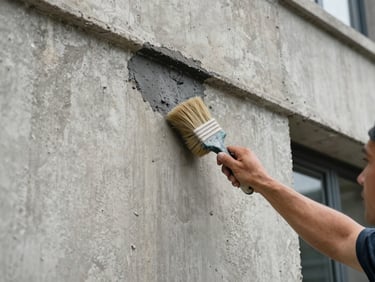 Close-up of a worker's brush moving across a textured concrete building facade, removing dark staining, natural overcast daylight, building exterior