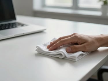 Close-up of a clean office desk surface being wiped with a microfibre cloth, natural window light, soft shadows on white laminate