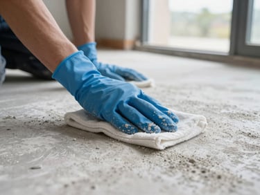 Detail shot of hands in blue gloves wiping a construction-site floor after finishing work, concrete dust removed, daylight from an open doorway — close-up, no faces