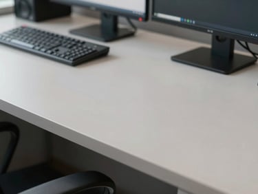 Close-up of a clean office desk surface under neutral daylight, keyboard and monitor in sharp focus, dust-free matte finish visible on the surface edge