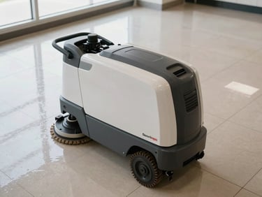 Overhead shot of a professional floor scrubbing machine on a polished commercial tile floor, natural daylight from a side window, wet surface reflecting ceiling lights