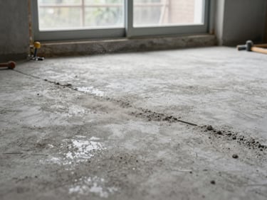 Detail shot of a newly finished concrete floor in a construction site being cleaned, dust particles settling, daylight through a frameless window opening, tools at the edge of frame