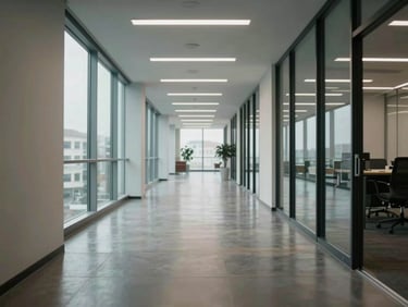 Wide shot of a freshly cleaned modern office corridor, polished floor reflecting ceiling lights, overcast daylight from side windows