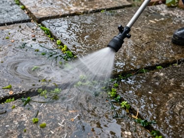 Close-up overhead view of a stone terrace being cleaned, high-pressure water jet removing green algae from between the joints, natural overcast daylight, wet flagstones glistening