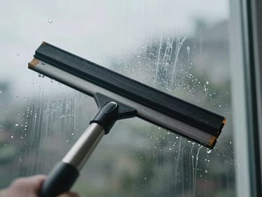 Macro shot of a squeegee blade gliding across a large glass pane, water streaks trailing behind, overcast natural daylight reflected in glass