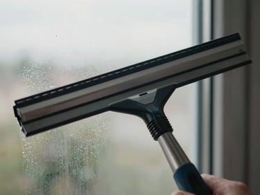 Extreme close-up of a glass window pane being cleaned with a professional squeegee, daylight behind the glass, no streaks visible on the surface