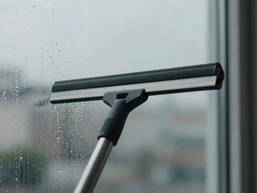 Close-up of a squeegee blade on a large office window, water beading off the glass, neutral daylight, no reflections of people — clean documentary detail shot