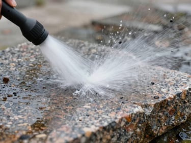 Macro shot of a high-pressure jet cleaning a rough granite paving stone, water and loosened grime spraying sideways, overcast daylight