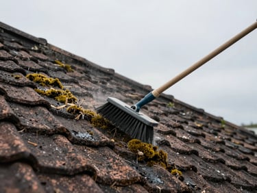 Wide-angle documentary shot looking up at a residential rooftop being cleaned, moss and debris being removed with a long-handled brush, overcast daylight, textured roof tiles visible