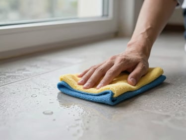Close-up of a professional cleaning cloth wiping a commercial floor surface, daylight from a side window, wet shine visible on the cleaned section