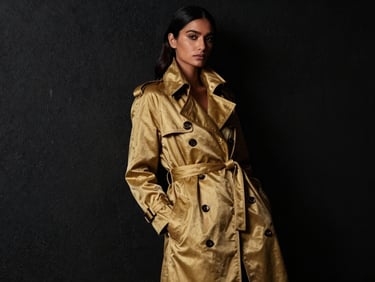 A high-fashion editorial campaign photograph of a sophisticated Assamese model in a structured golden Muga silk trench coat, leaning against a dark textured wall, low-key dramatic lighting, black and gold color grading.