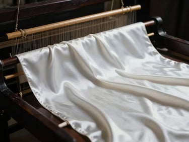 Close-up of brilliant white Pat silk draped elegantly over a dark wooden loom, high-contrast dramatic light highlighting the liquid sheen.
